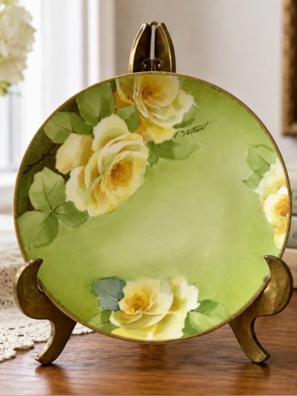 Antique Victoria Austria Plate Hand Painted Green Yellow Roses 1918 Signed